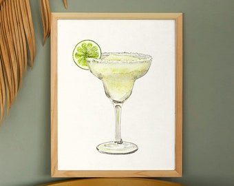 Margarita Classic with Lime Cocktail Print - Mixed Drink Art - Watercolor Painting