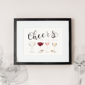 Cheers Wine Glasses Art Print - Wine Wall Decor - Watercolor Painting
