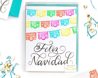 Feliz Navidad Tarjetas navideñas coloridas - Juego de tarjetas Papel Picado