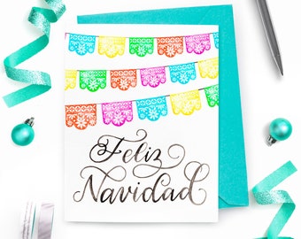 Carte de Noël colorée Feliz Navidad - Papier peint Papel Picado vibrant