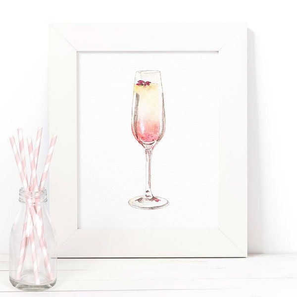 Grapefruit Pink Mimosa Cocktail Print - Kitchen or Bar Decor - Watercolor Fine Art