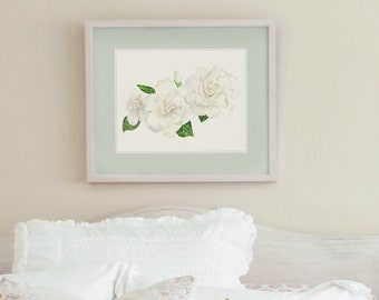 Gardenias Classic Watercolor Art Print - White Floral Home Decor