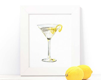 Martini with Lemon Twist Cocktail Print - Mixed Drink Art - Watercolor Painting