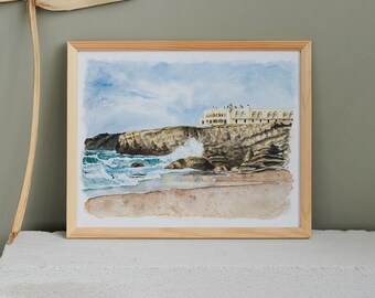 Portugal Rocky Cliff Shoreline Print - Beachy Decor - Mediterranean Watercolor Painting