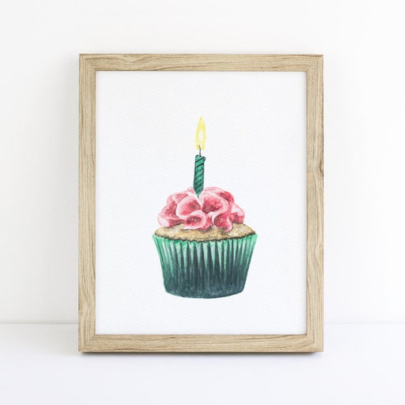 Cupcake With One Candle Print Kitchen Art Birthday Print | Etsy