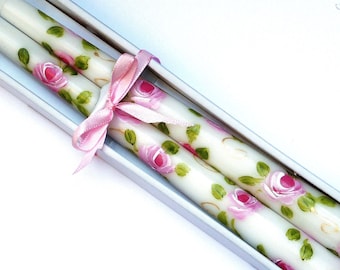 Decorative Hand Painted Pale Pink Rose Taper Candles Romantic Spring Summer Floral Shabby Chic Decor Decorated Rose Tapered Candlesticks