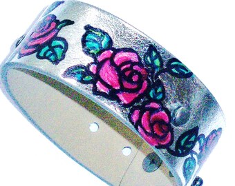 Adjustable Hand Painted Rose Tattoo Silver Vegan Leather Cuff Bracelet Boho Jewelry FREE SHIPPING