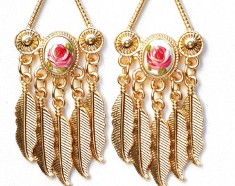 Painted Rose Gold Chandelier Earrings Romantic Boho Victorian Jewelry FREE SHIPPING