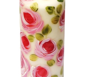 Large Tall Pillar Shabby Chic Candle, Hand Painted Pink Roses, Romantic Floral Home Decor