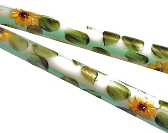 Sunflower Taper Candles, Hand Painted Flowers and Turquoise Stripes, Floral Boho Dining Room Decor