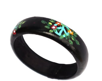 Cute Hand Painted Black Vegan Leather Peace Sign Bangle Bracelet Hippie Boho Jewelry for Women Teen Girls FREE SHIPPING