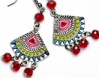 Colorful Silver Boho Dangle Earrings Hand Painted Bohemian Jewelry FREE SHIPPING