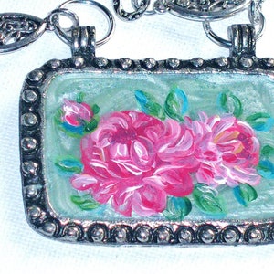 OOAK Large Silver Pendant Statement Necklace with Hand Painted Pink Roses Romantic Victorian Antique Necklace Vintage Jewelry Gift for Her