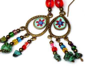 Cute Colorful Painted Flower Boho Turquoise Bead Dangle Earrings Bohemian Jewelry FREE SHIPPING