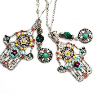 Funky Multicolor Large Silver Hamsa Pendant Necklace Colorful Hand Of Fatima Amulet Turquoise Nugget Bead Bohemian Protection Jewelry