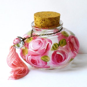 Beautiful Decorative Glass Apothecary Jar Vanity Bathroom Accessories with Painted Pink Roses Shabby Chic Decor Gift for Her FREE SHIPPING