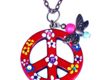 Joli collier de paix fleur bohème peint à la main, bijoux papillon bohème hippie livraison gratuite