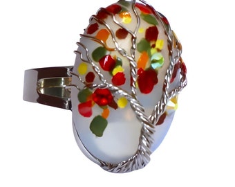 Adjustable Tree of Life Ring, Moonstone Cabochon, Hand-Painted Leaves