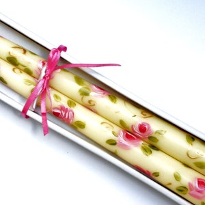 Decorative Hand Painted Pink Rose Taper Candles Romantic Shabby Chic Decor FREE SHIPPING
