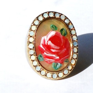 LIMITED EDITION Large Hand Painted Rose Oval Rhinestone Stretch Ring Romantic Vintage Floral Boho Victorian Antique Style Jewelry Gift