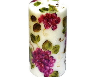 Hand Painted Grapevine Pillar Candle: Tuscan Grapes Decor, Mediterranean Decorations