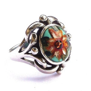 Großer Sterling Silber Sonnenblume Ring mit gemalten Akzenten funkelnde Kristall Strass Boho Schmuck