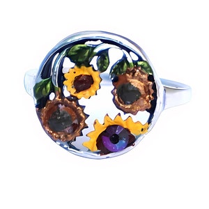 Sterling Silver Sunflower Ring: Hand-Painted Boho Floral Fall Jewelry