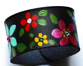 Colorful Flower Boho Leather Cuff Bracelet Bohemian Hippie Jewelry FREE SHIPPING