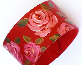 Red Rose Leather Cuff Bracelet Hand Painted Romantic Victorian Boho Jewelry FREE SHIPPING