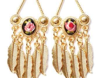 Gold Rose Chandelier Earrings Feather Charms Boho Victorian Jewelry FREE SHIPPING