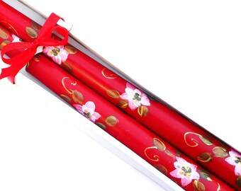 Decorative Hand Painted Red Christmas Taper Candles Pink Poinsettia Flowers Romantic Boho Bohemian Holiday Table Decor Christmas Candles