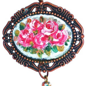 Limited Edition Pretty Hand Painted Rose Art Pendant Necklace Romantic Vintage Romantic Bohemian Victorian Jewelry Unique Gift for Women