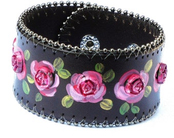 LAST ONE Boho Black Leather Cuff Bracelet Painted Pink Roses Romantic Bohemian Jewelry