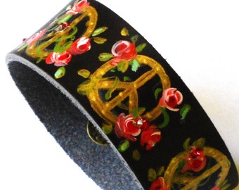 Boho Peace Sign Black Leather Cuff Bracelet Hand Painted Roses Bohemian Jewelry FREE SHIPPING