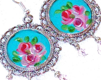Pretty Painted Rose Silver and Turquoise Earrings Romantic Boho Victorian Flower Jewelry FREE SHIPPING
