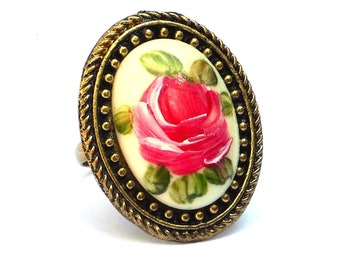 Pretty Adjustable Gold Statement Ring with Hand Painted Pink Rose Design Romantic Jewelry FREE SHIPPING