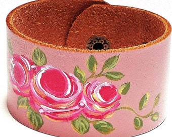 Painted Pink Rose Leather Cuff Bracelet Romantic Boho Victorian Jewelry FREE SHIPPING