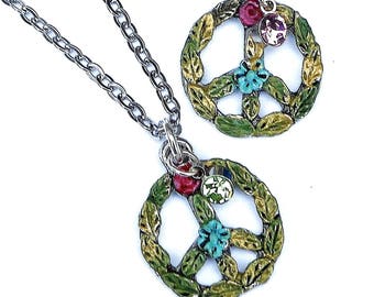 Little Peace Sign Charm Necklace Colorful Flowers Boho Hippie Jewelry FREE SHIPPING
