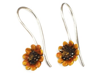 Sterling Silver Sunflower Dangle Earrings, Hand Painted Flowers, Boho Jewelry