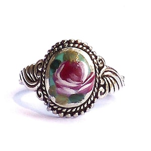 LIMITED EDITION Pretty Vintage Style 925 Sterling Silver Rose Ring Hand Painted Floral Romantic Victorian Spring Summer Bohemian Jewelry