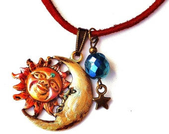 Bohemian Sun and Moon and Star Leather Cord Necklace Boho Celestial Jewelry FREE SHIPPING