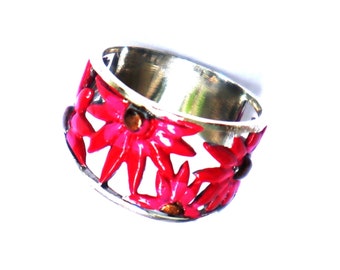 Wide Sterling Silver Pink Daisy Ring Band Hand Accented Spring Summer Boho Jewelry Accessories FREE SHIPPING