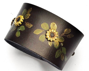 Adjustable Brown Leather Cuff Bracelet with Sunflower Studs, Hand-Painted Flowers, Boho Jewelry