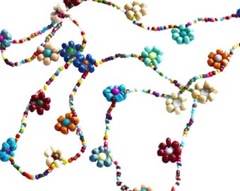 Long Beaded Daisy Chain Flower Necklace: Colorful Boho Floral Jewelry