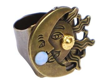 Anillo grande ajustable de oro antiguo con sol y luna, joyería bohemia celestial