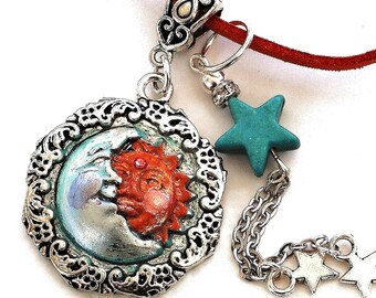 Collana in pelle Boho con sole, luna e stelle: gioielli Boho in stile celeste