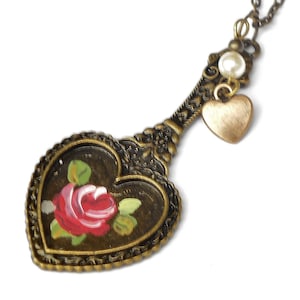 Romantic Hand Painted Rose Large Antiqued Gold Heart Pendant Necklace Crystal Pearl Vintage Victorian Boho Flower Jewelry FREE SHIPPING