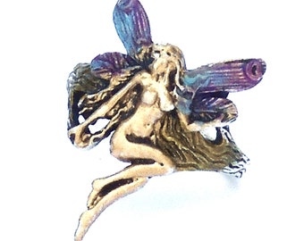 Hand Tinted Sterling Silver Fairy Ring: Romantic Winged Nymph Jewelry