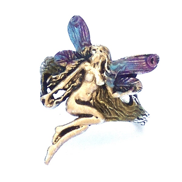 Hand Tinted Sterling Silver Fairy Goddess Ring Boho Fantasy Jewelry FREE SHIPPING