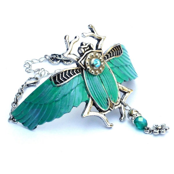 Adjustable Mystical Silver and Turquoise Scarab Cuff Bracelet with Dangling Crystal and Flower Charm Boho Jewelry FREE SHIPPING